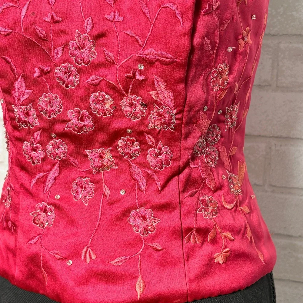 Womens Red Satin Halter Corset Top Small Embroidered Beaded Y2K Coquette Party